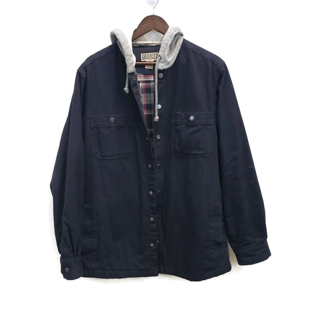 Duluth Trading Co Mens Blue Hooded Button Up Canvas Shirt Jacket Size M Lined